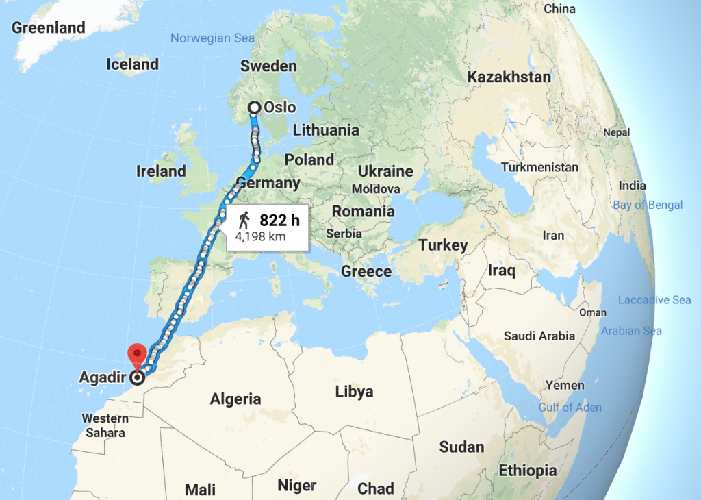 Map showing the distance from Oslo, Norway to Agadir, Morocco 