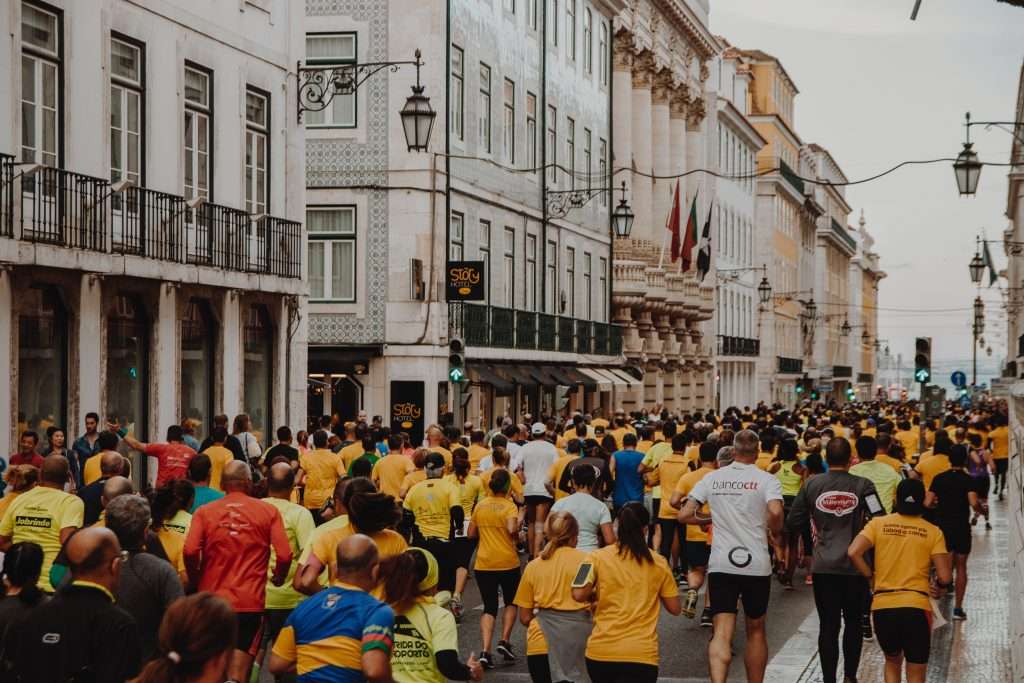 Marathon runners in street.