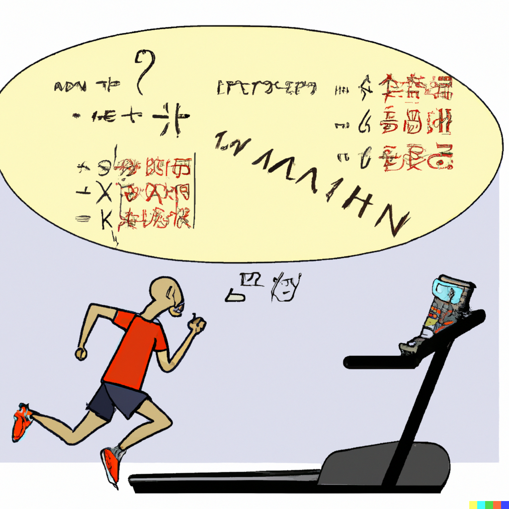 Runner next to a treadmill trying to figure out complex calculations. Use the Run161 treadmill pace calculators instead!